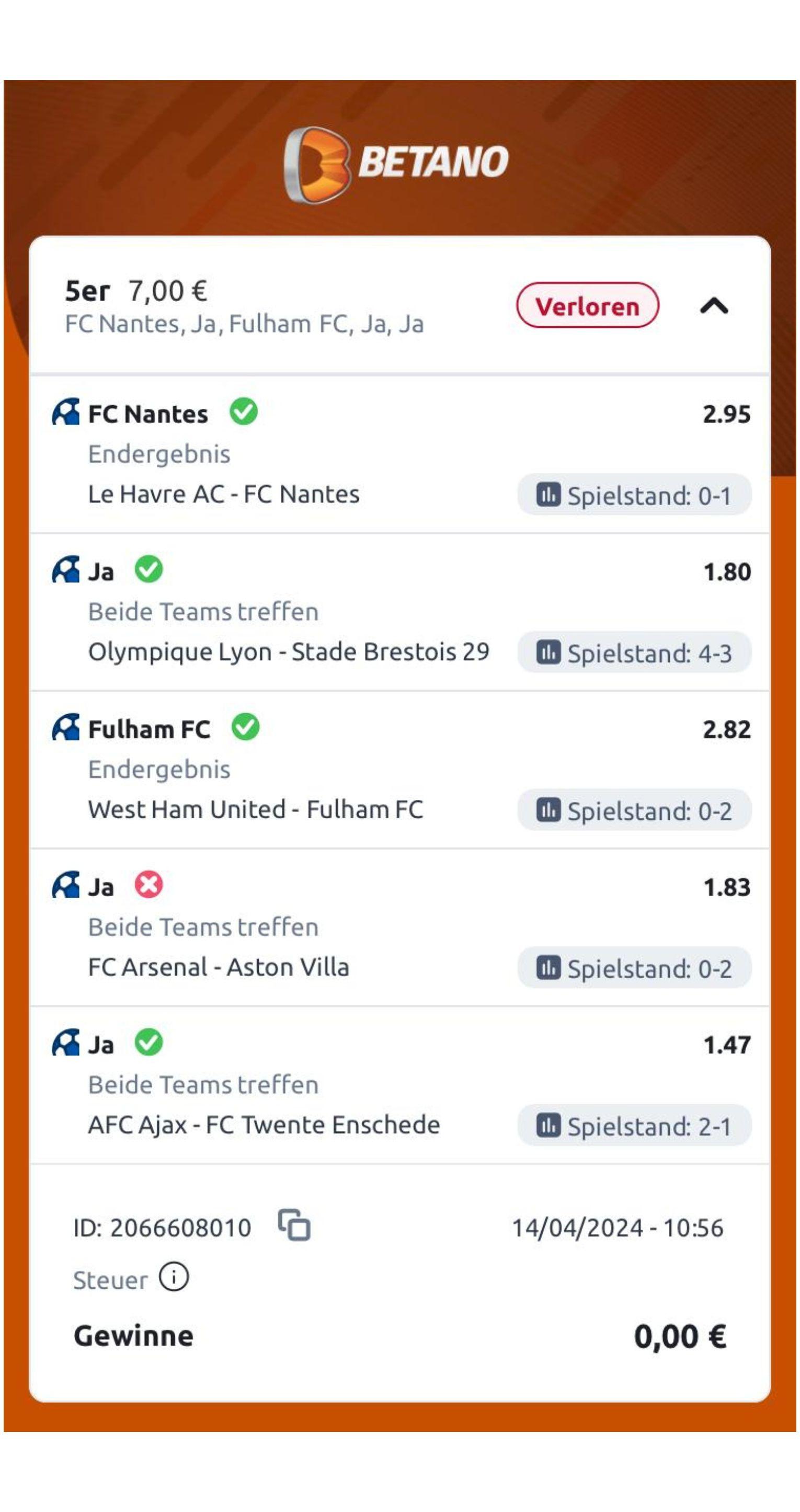 Betano Wettschein verloren Arsenal