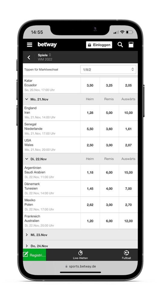 Betway WM Wette Ubersicht auf dem i Phone