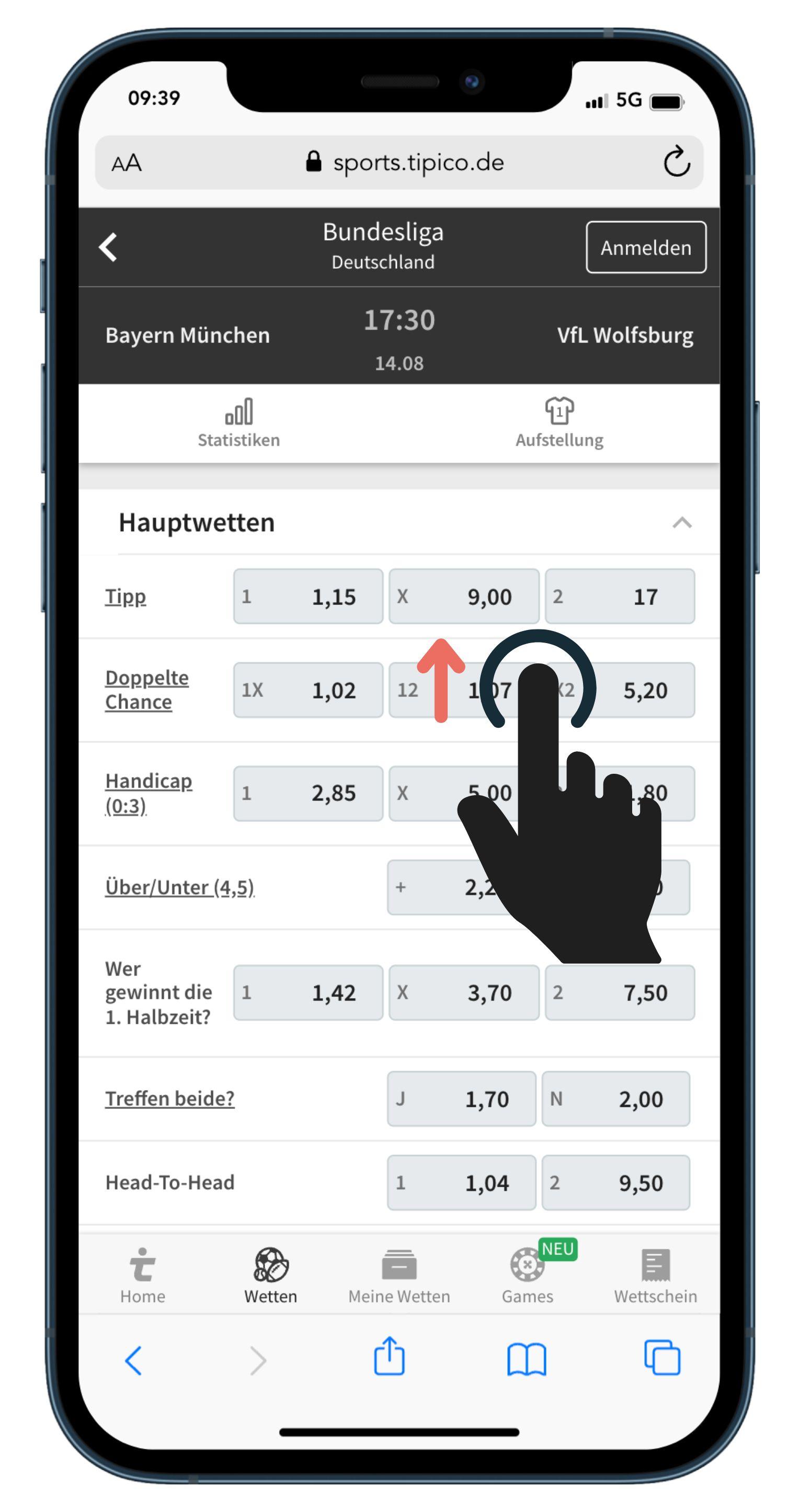 Handicap wetten platzieren Beispiel Tipico Wettmarkt wahlen