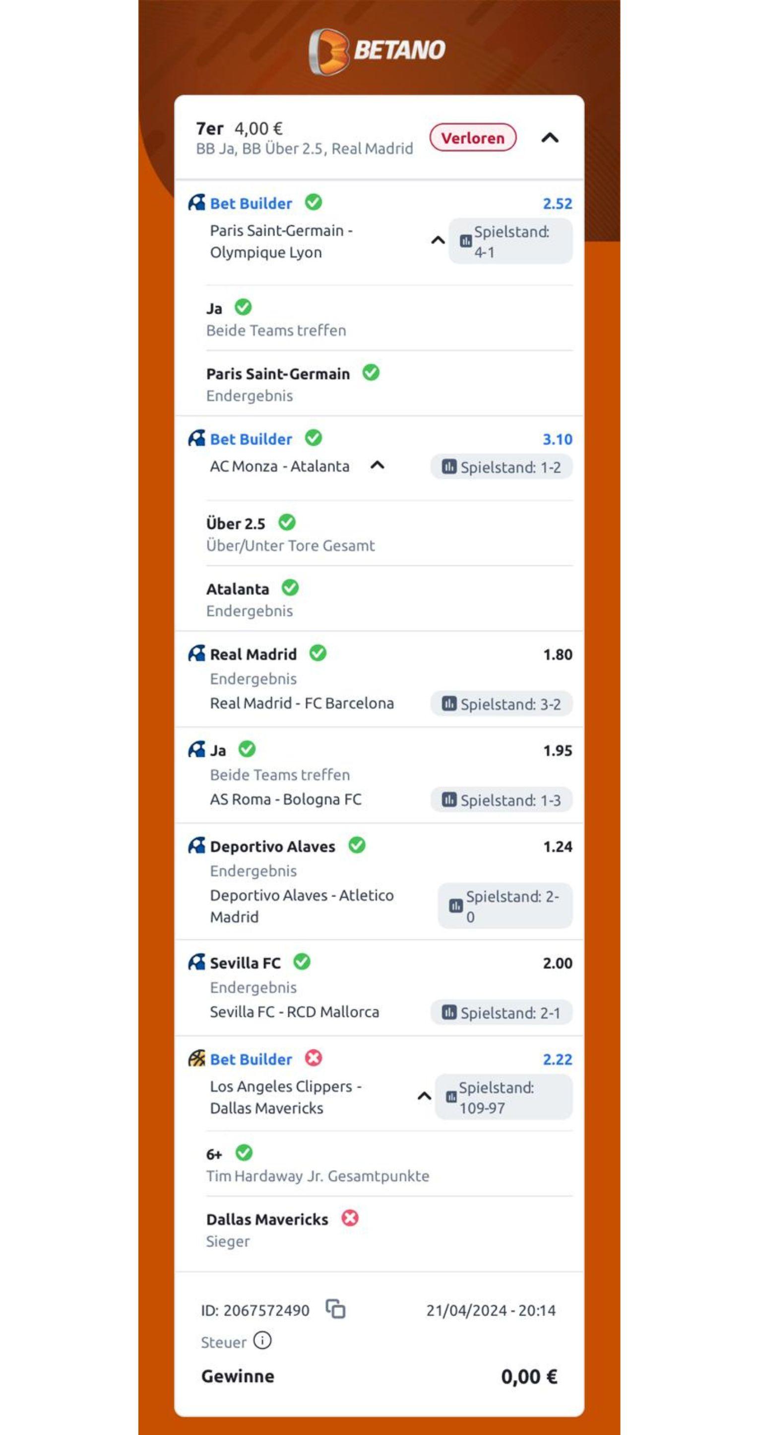Mein Betano Wettschein vom 21 04 24 ging aufgrund der Dallas Mavericks verloren