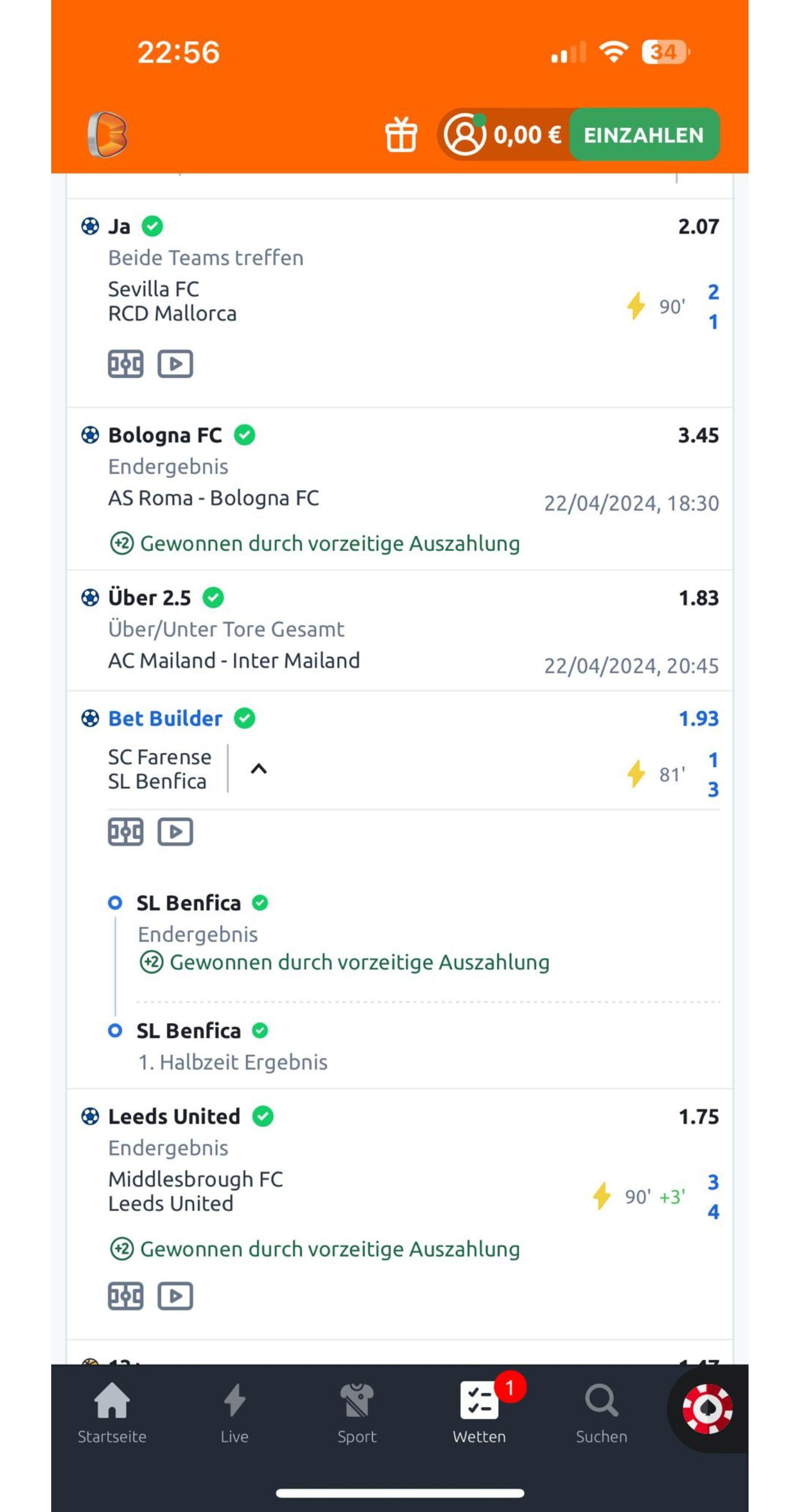 Mein Betano Wettschein vom 22 04 24 ging am Ende auf